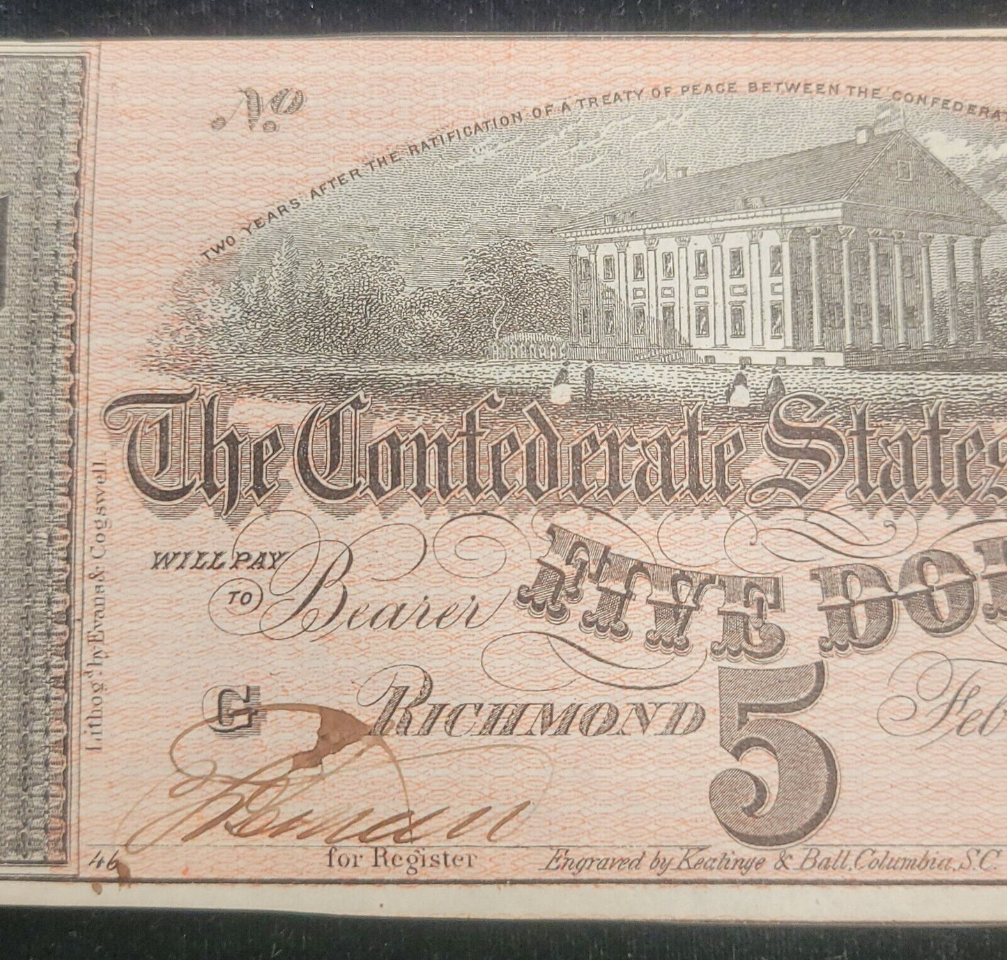 1864 $5 Richmond, VA Confederate States of America Rare Obsolete Bank Note