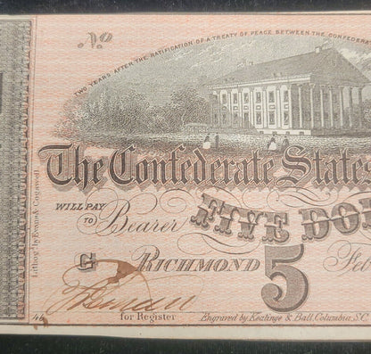 1864 $5 Richmond, VA Confederate States of America Rare Obsolete Bank Note