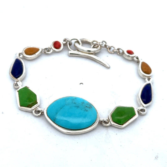 Barse 925 Sterling Silver Turquoise Lapis Lazuli Jasper Coral Station Bracelet