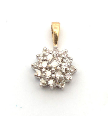 Retro 14K Yellow White Gold Round Diamond Floral Snowflake Cluster Charm Pendant
