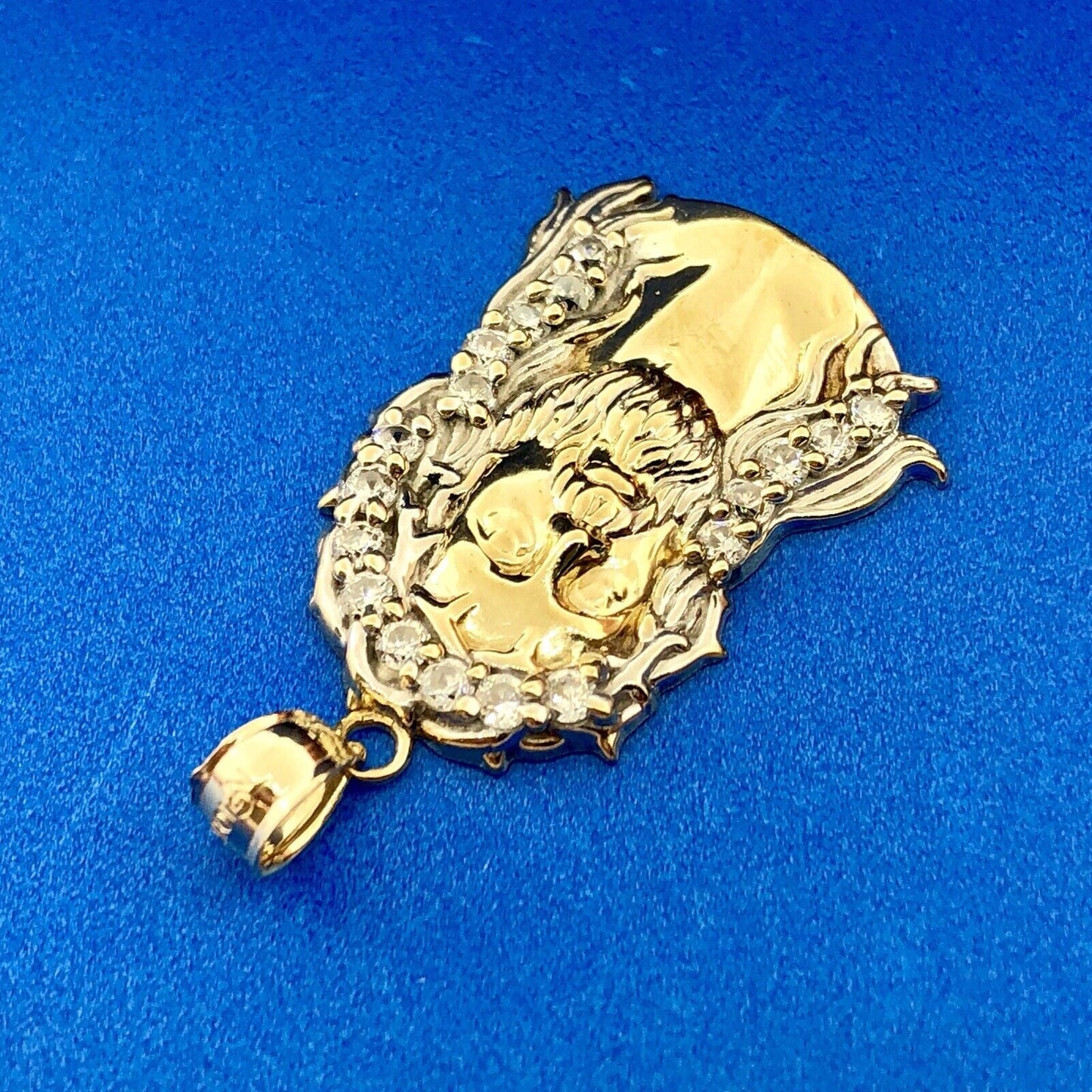 Designer 10K Yellow White Gold Cubic Zirconia CZ Jesus  Christ Statement Pendant