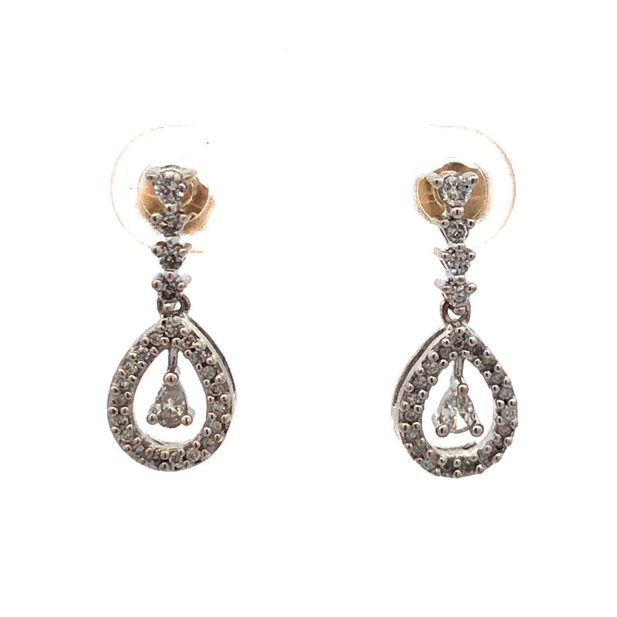 Designer 14K White Gold Pear Round Diamond Dangle Drop Earrings