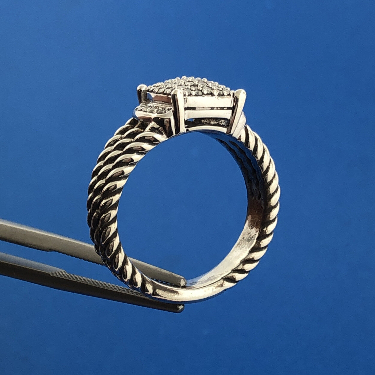 David Yurman 925 Sterling Silver Pave Diamond Petite Wheaton Classic Cable Ring