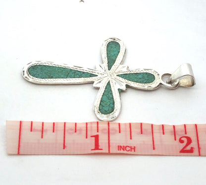 Vintage Taxco Mexico 925 Sterling Silver Turquoise Inlay Statement Cross Pendant