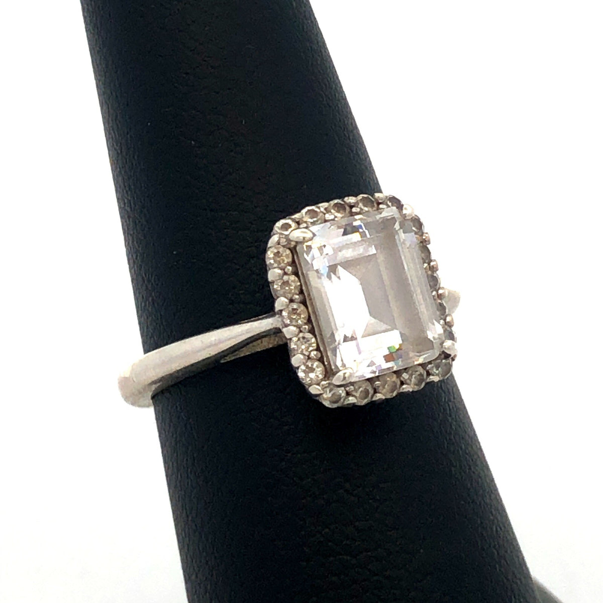 Sterling Silver Emerald Cubic Zirconia Halo Solitaire Engagement Ring