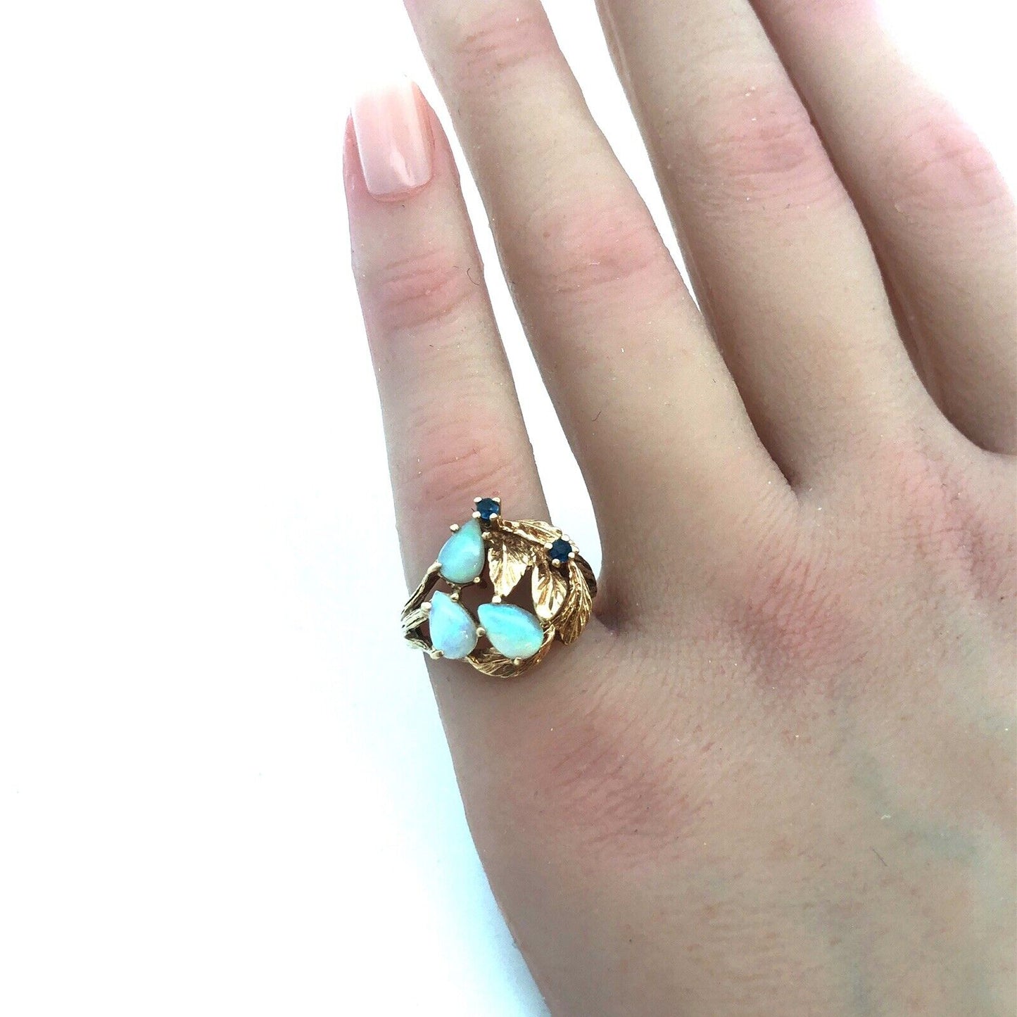 Vintage 10K Yellow Gold Opal Sapphire October Leaf Design Free Form Ring