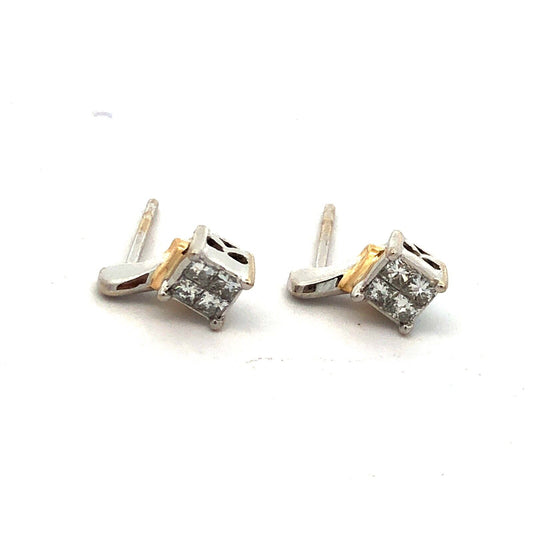 Designer 14K White & Yellow Gold 0.13ct Princess Diamond Stud Earrings