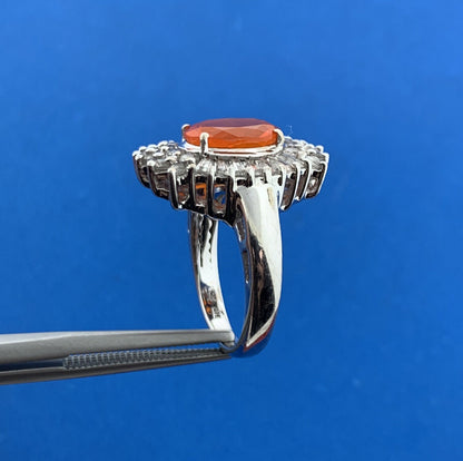 Designer 925 Sterling Silver Fire Opal White Topaz Halo Accented Cocktail Ring