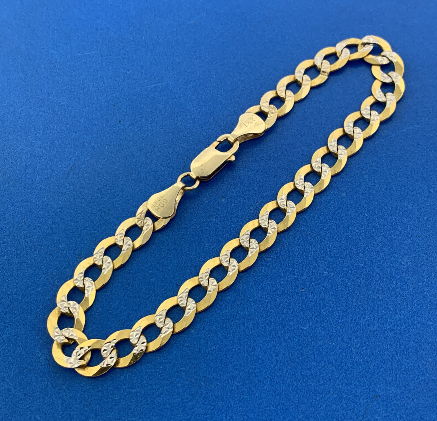 Designer 10K Yellow White Gold Diamond Cut Two Toned Flat Curb Link Bracelet