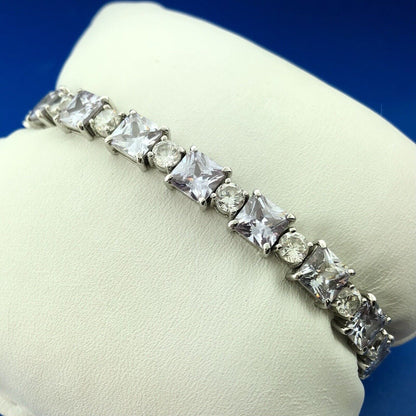 Sparkling FAS 925 Sterling Silver Amethyst Princess Rnd White CZ Tennis Bracelet
