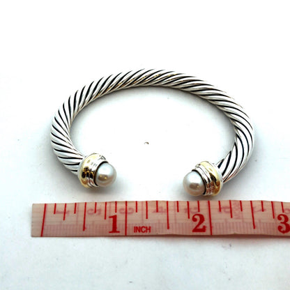 925 Sterling Silver David Yurman 14K Gold Pearl Classic Cable Cuff Bracelet