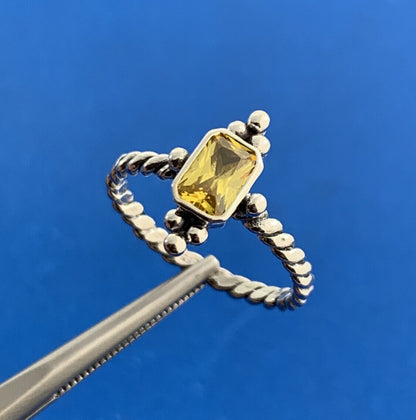 Estate 925 Sterling Silver Emerald Cut Citrine Stackable Band Cocktail Ring