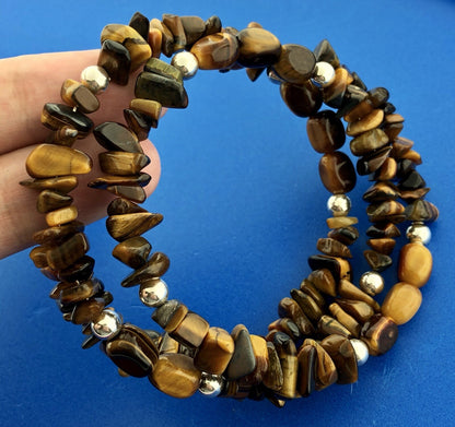 Sterling Silver Tigers Eye Bead Protection Three Wrap Flex Bracelet