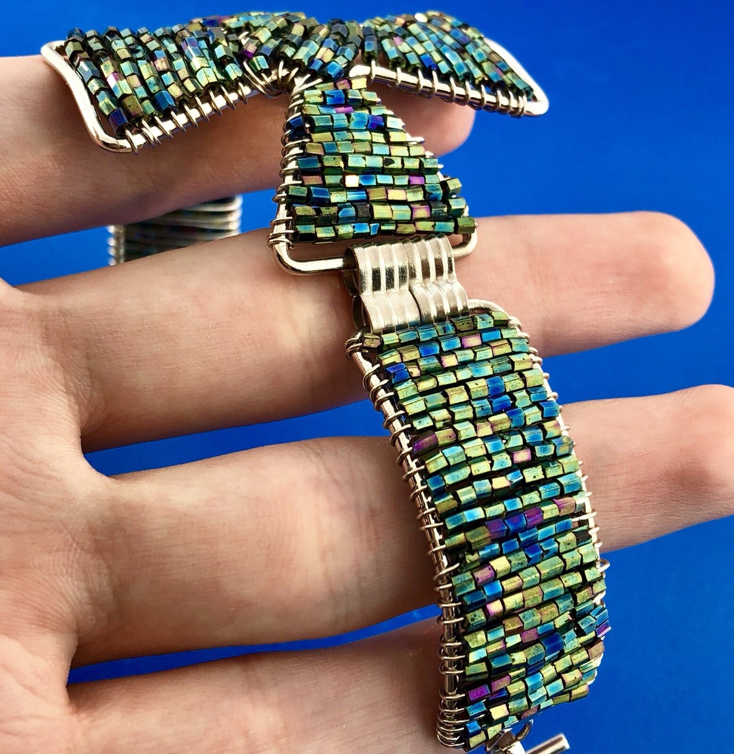 Artisan Silver Tone Iridescent Cylinder Bead Wire Wrapped Cross Toggle Bracelet