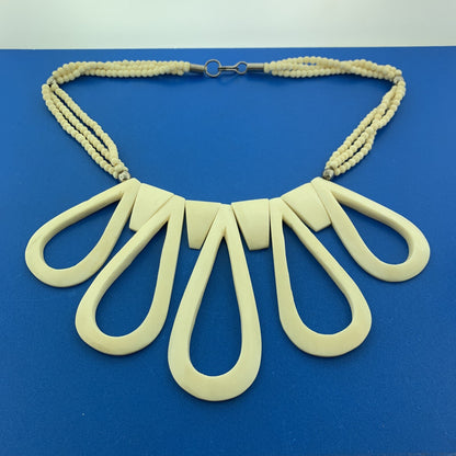 Modernist SilverTone Laminated Lucite Faux Bone Abstract Bead Statement Necklace