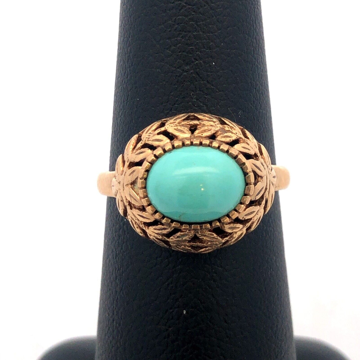Estate 10K Yellow Gold Turquoise Cabochon Vine Leaf Open Work Beaded Dome Ring
