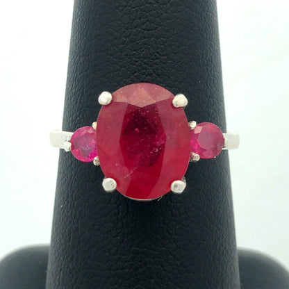 925 Sterling Silver Oval Ruby Solitaire Round Ruby Accented Cocktail Ring