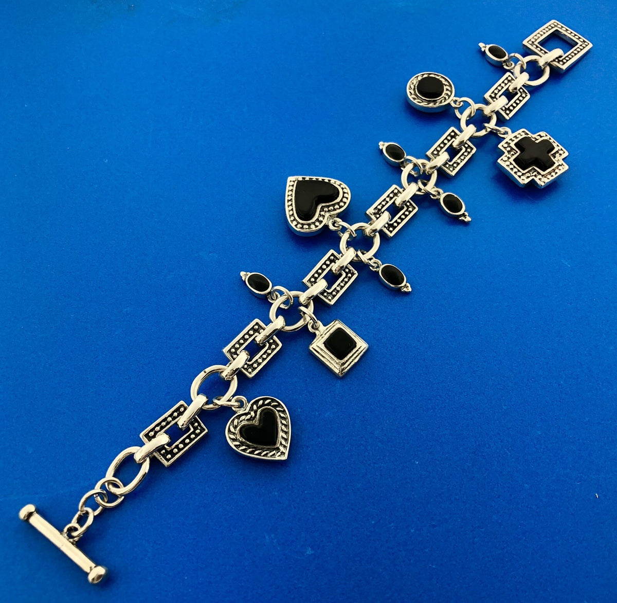Vintage Mexico 925 Sterling Silver Black Onyx Heart Cross Toggle Charm Bracelet