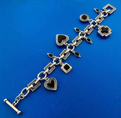 Vintage Mexico 925 Sterling Silver Black Onyx Heart Cross Toggle Charm Bracelet