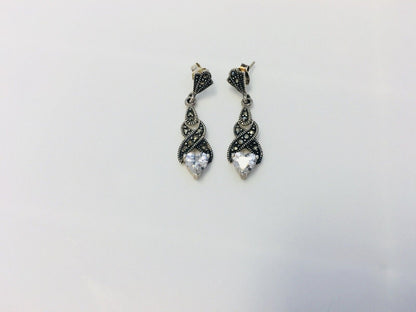 Sterling Silver 925 Marcasite Twist CZ Heart Drop Dangle Earrings