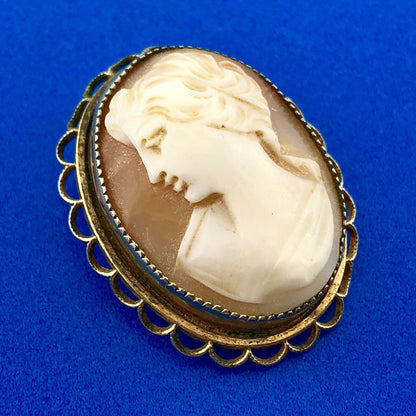 Vintage AMCO 14K Yellow Gold Filled Carved Shell Cameo Ornate Pin Brooch Pendant