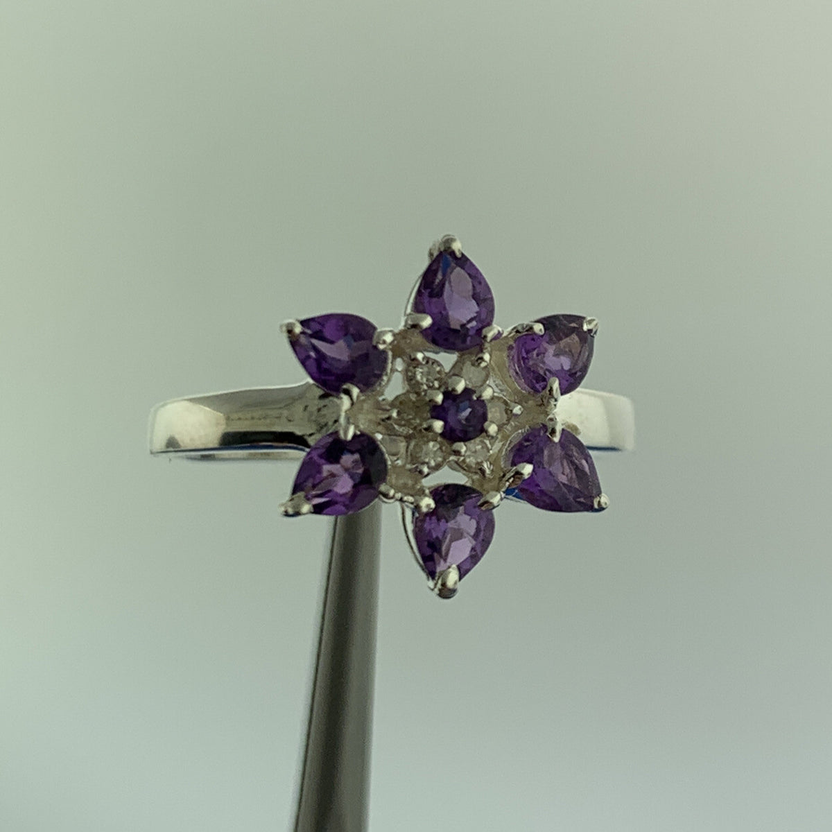Designer Sterling Silver Amethyst Diamond Flower Cluster February Occasion Ring