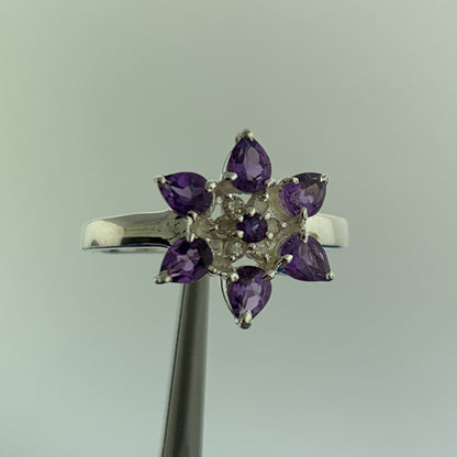 Designer Sterling Silver Amethyst Diamond Flower Cluster February Occasion Ring