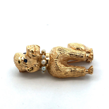 Vintage Designer 14K Yellow Gold Sapphire Seed Pearl Poodle Pin Pendant