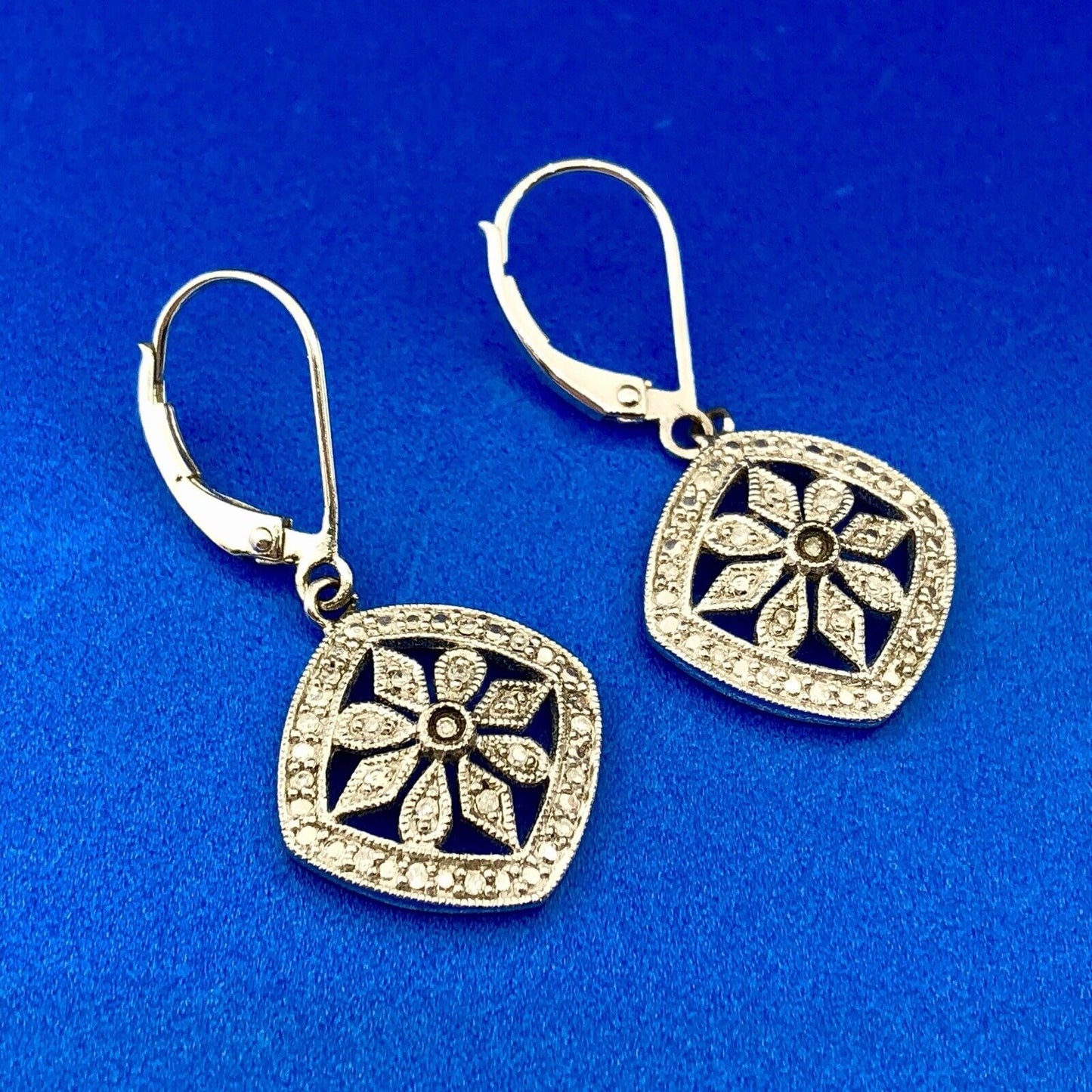 Designer Sterling Silver 925 Diamond Snowflake Flower Cluster Dangle Earrings