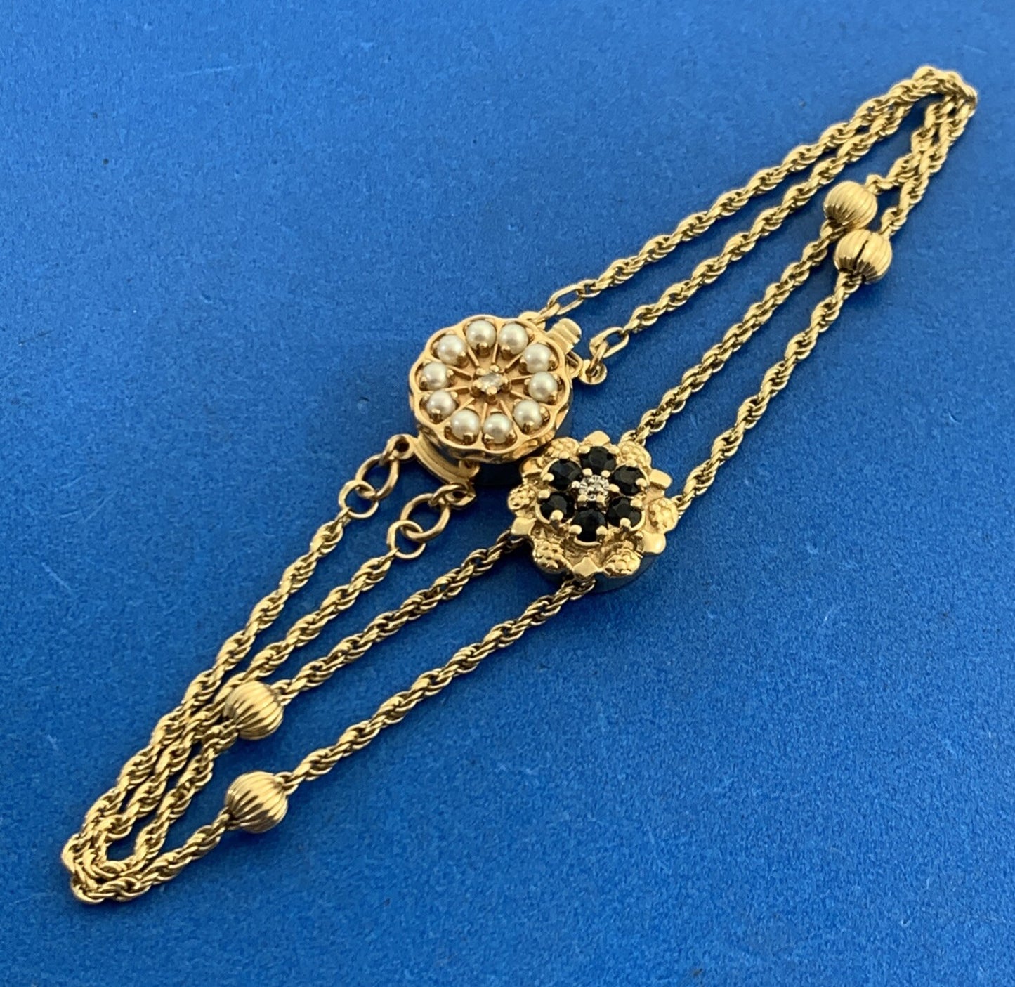 Daffer & KLJCI Black Onyx Diamond Seed Pearl 14K Gold Slide Bracelet