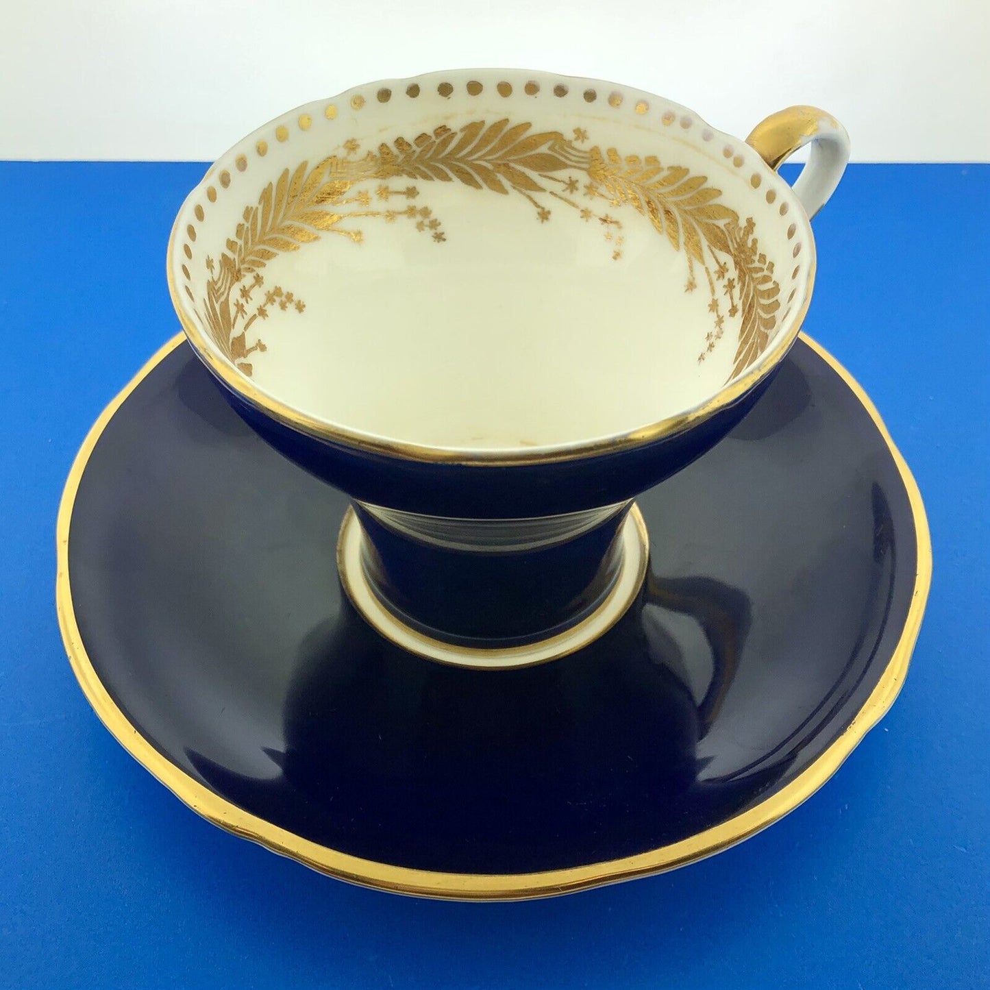 Aynsley English Bone China Cobalt Blue Gold Floral Vine Star Design Cup/Saucer