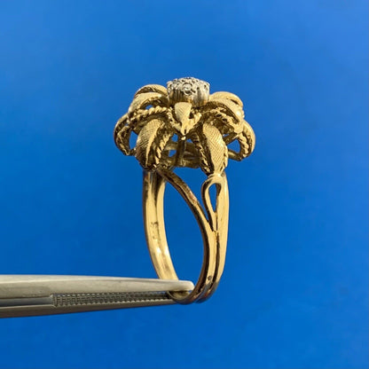 Vintage Designer 18K Yellow Gold Diamond Three Dimensional Flower Cocktail Ring
