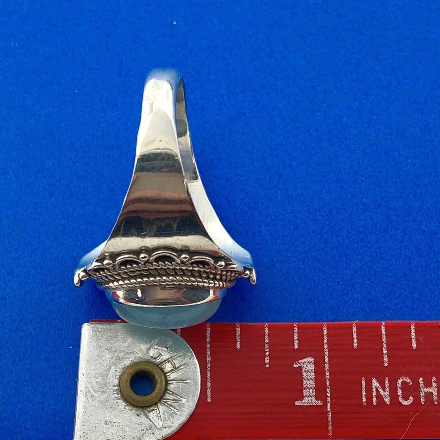 Estate 925 Sterling Silver Oval Blue Opal Filigree Beadwork Finger Ring