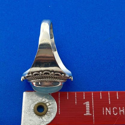 Estate 925 Sterling Silver Oval Blue Opal Filigree Beadwork Finger Ring