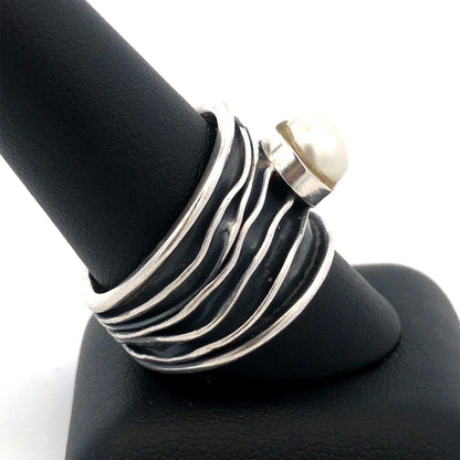 Designer Letty G Sterling Silver Pearl Solitaire Modernist Wide Cigar Band Ring