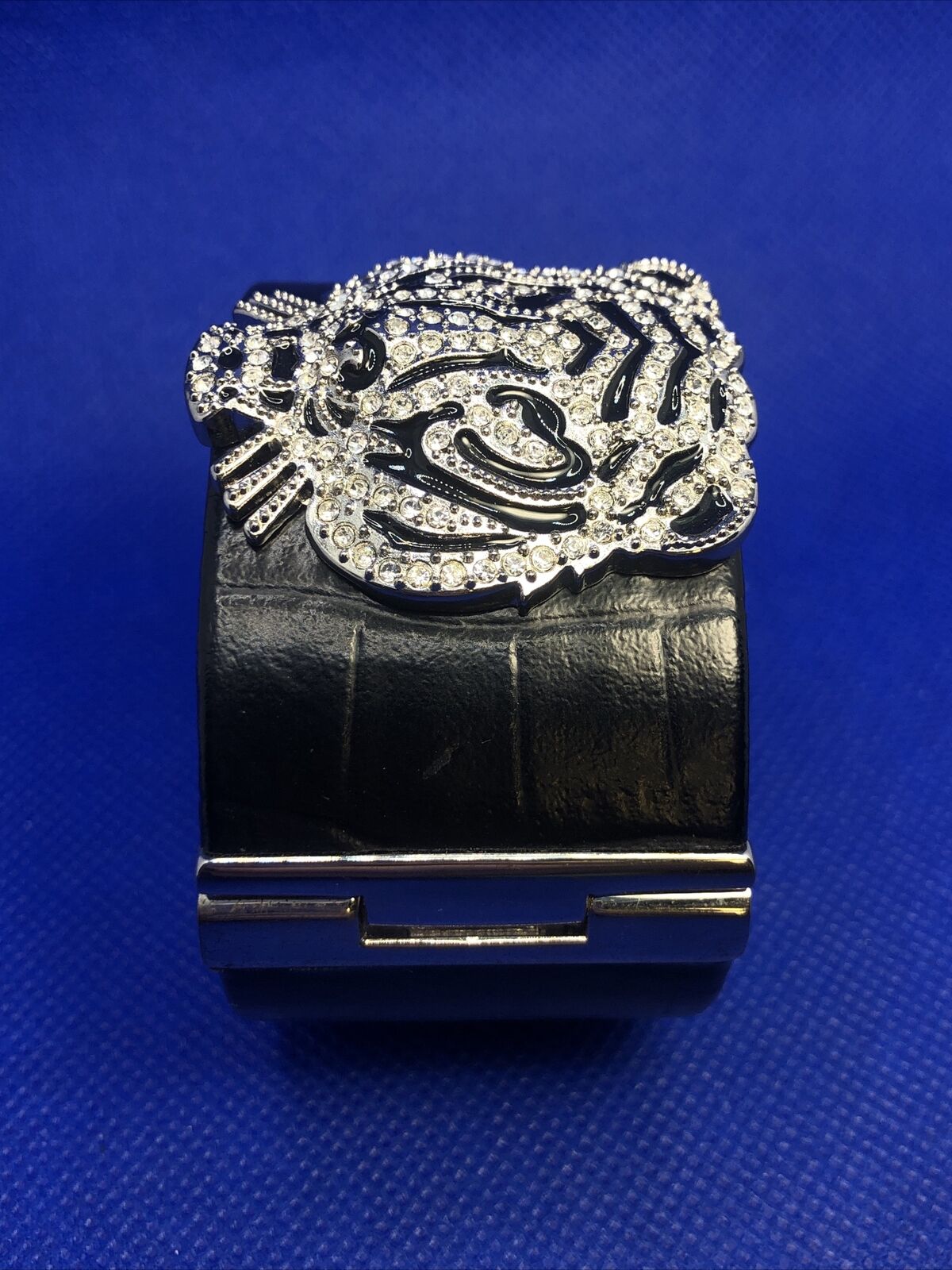 Genuine Black Leather CZ Black Enamel Tiger Head Statement Hinged Cuff Bracelet