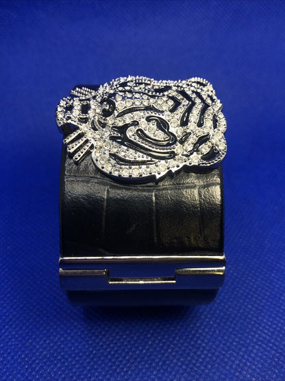 Genuine Black Leather CZ Black Enamel Tiger Head Statement Hinged Cuff Bracelet