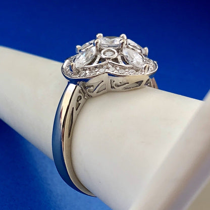 Stunning 14K White Gold Cubic Zirconia CZ Floral Cluster Engagement Dinner Ring