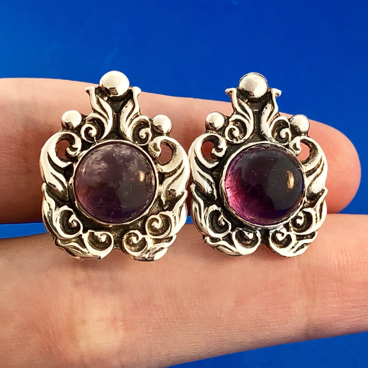 Taxco Ca 1940's ProSa Sterling Silver 925 Amethyst Ornate Screw Back Earrings