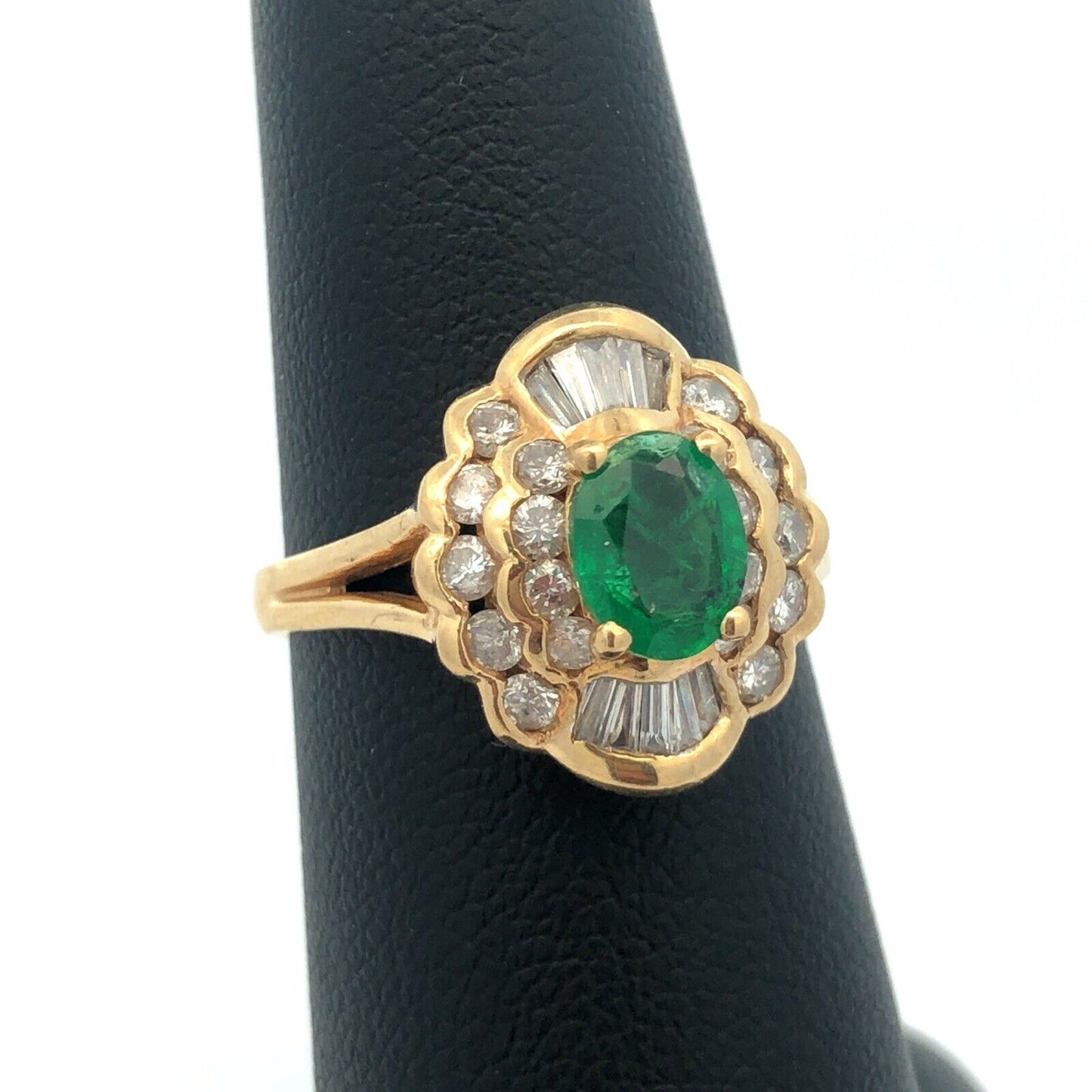 Estate 14K Yellow Gold Oval Emerald Diamond Double Halo Statement Cocktail Ring