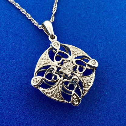 14K White Gold Diamond Filigree Cutout Bridal Pendant Anniversary Necklace