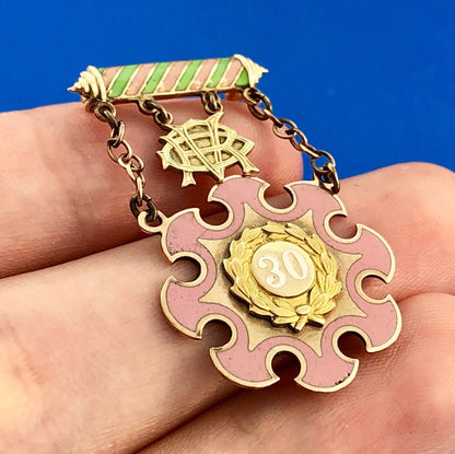 1937 10K Yellow Gold Pink Green Enamel 30 Year Eastern Star Service Award Pin