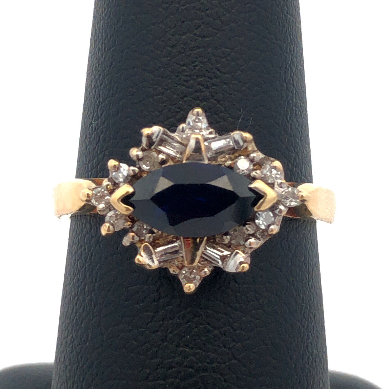 14k Yellow Gold Designer Marquise Cut Blue Sapphire Diamond Accented Ring