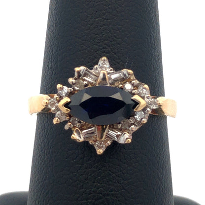 14k Yellow Gold Designer Marquise Cut Blue Sapphire Diamond Accented Ring