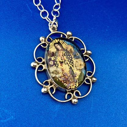 Designer ATI Sterling Silver 925 Resin Mary Religious Scroll Bead Necklace