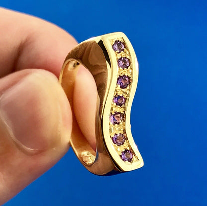 Modernist 14k Yellow Gold Italy Curved Amethyst February Anniversary Band Ring