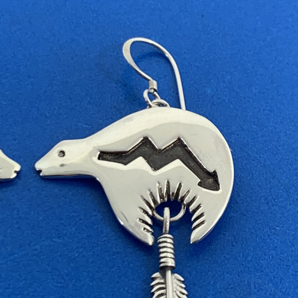 Native American Sterling Silver Concho Bear Feather Drop Storyteller Earrings