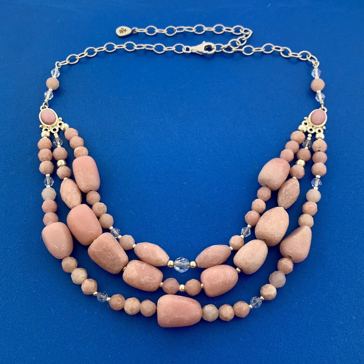 Designer BARSE 925 Sterling Silver Rhodochrosite Beaded Three Strand Necklace