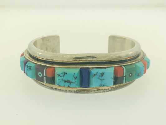 Native American 925 Sterling Silver Turquoise Multi Gem Cuff Bracelet Ronnie