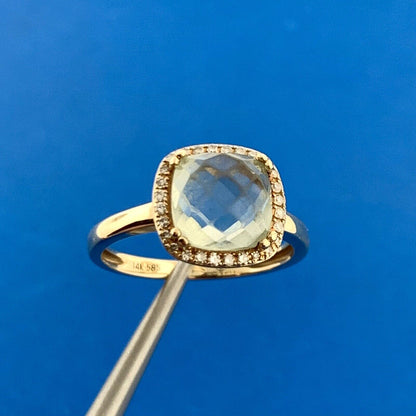 14k Yellow Gold Faceted Cushion Green Tourmaline Diamond Accent Size 6.25 Ring
